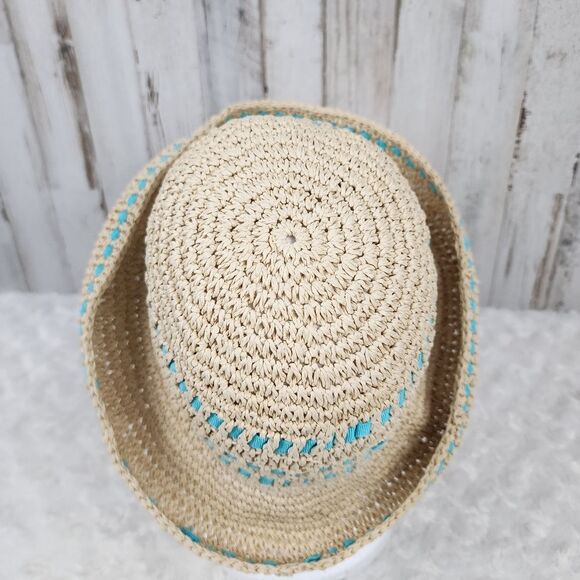 Liz Clairborne Knitted Straw Sun Hat Natural Teal - Picture 5 of 9